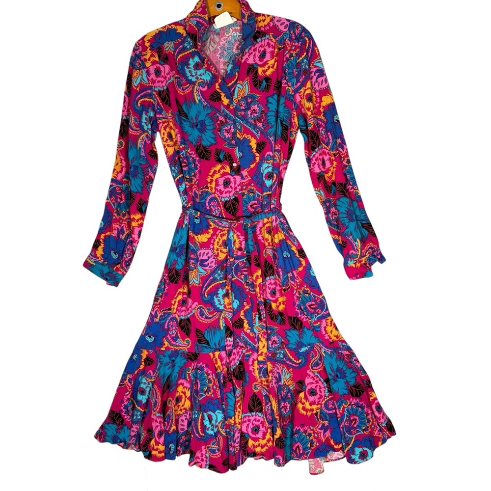 Vintage Anni Lee Pink Paisley Floral Print Midi Dress Statement Artsy Modest M